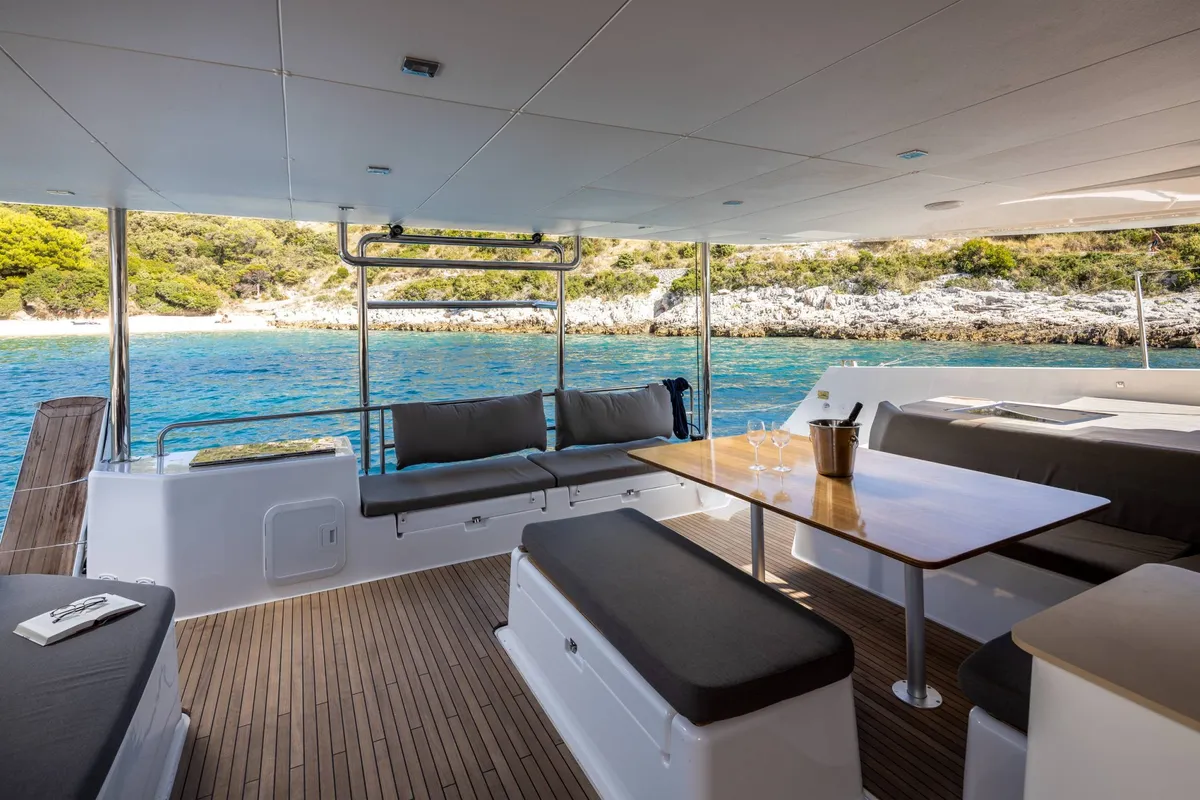 Deck of INRADA, a Dufour Catamaran 48 catamaran at Salerno, Italy