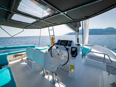 Cockpit of INRADA, a Dufour Catamaran 48 catamaran at Salerno, Italy