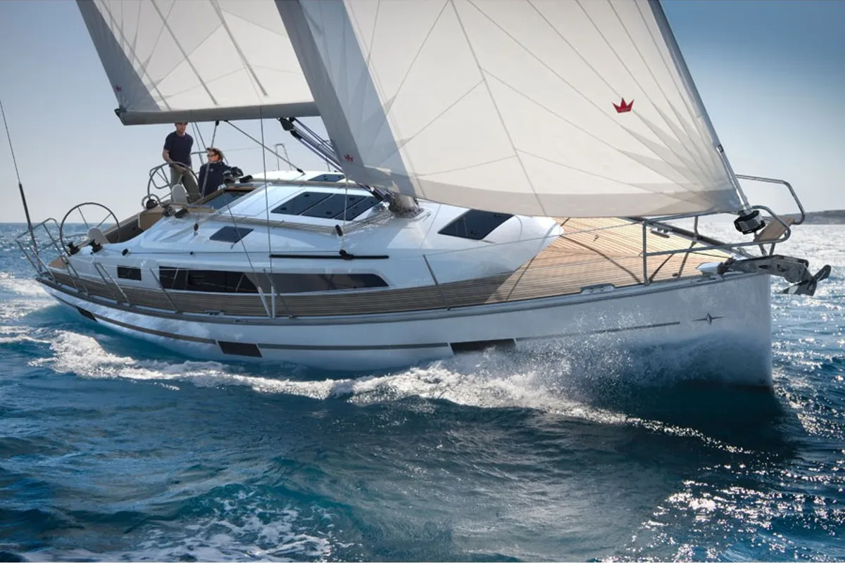 Exterior view of Typhon, a Bavaria Cruiser 37 sailboat at Sukošan, Croatia
