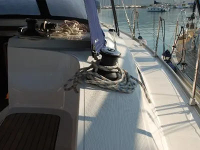 Deck of Cafard, a Bavaria Cruiser 41 sailboat at Palairos, Greece