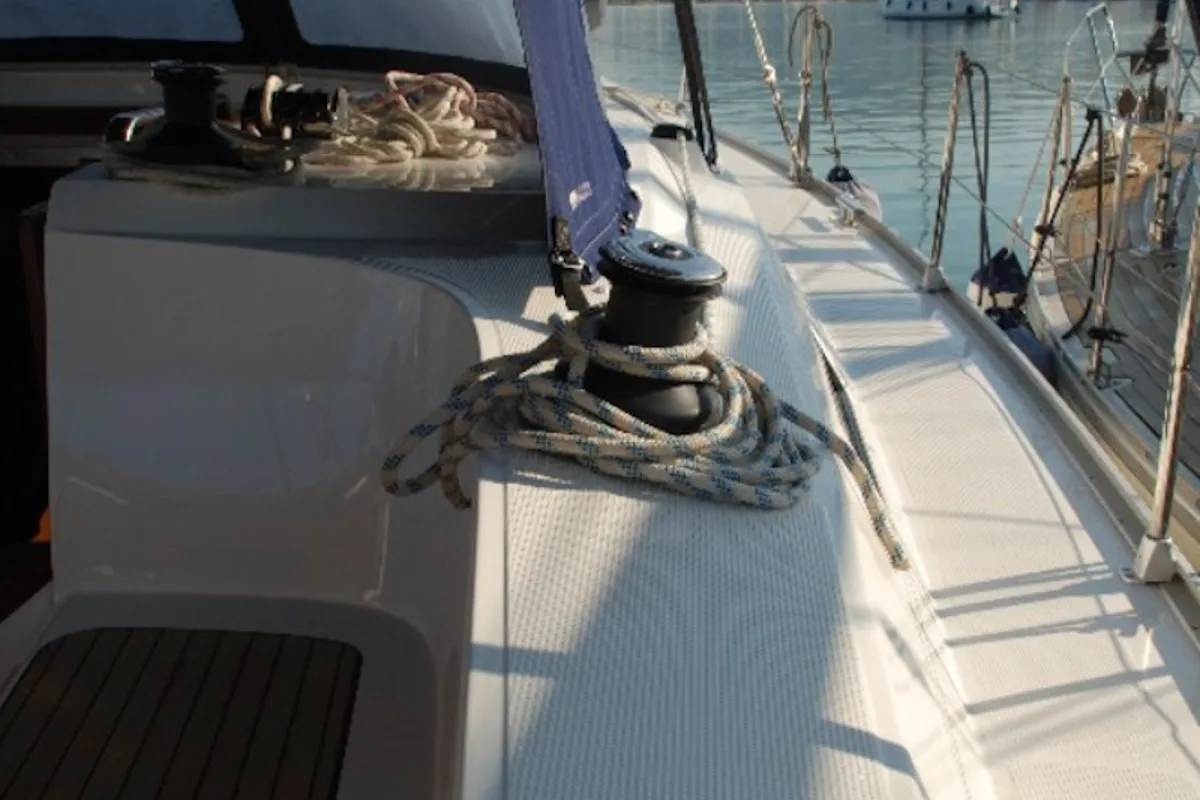 Deck of Cafard, a Bavaria Cruiser 41 sailboat at Palairos, Greece