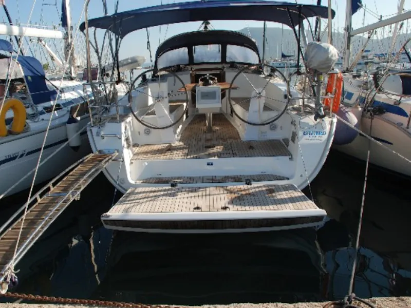 Exterior view of Cafard, a Bavaria Cruiser 41 sailboat at Palairos, Greece