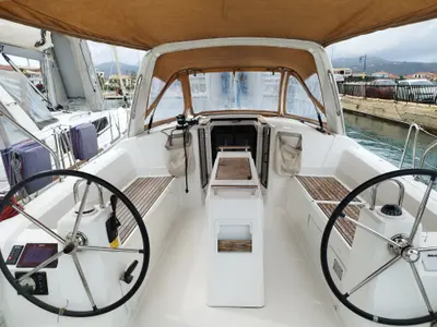 Cockpit of Jannet New Sails 2025, a Beneteau Oceanis 38.1 sailboat at Municipal Unit of Lefkada, Greece