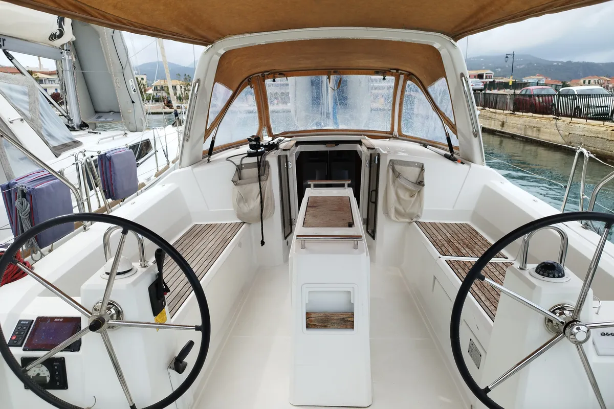 Cockpit of Jannet New Sails 2025, a Beneteau Oceanis 38.1 sailboat at Municipal Unit of Lefkada, Greece