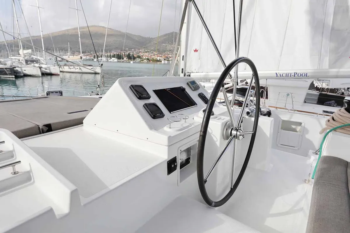 Cockpit of Stella, a Lagoon 450 F catamaran at Murter, Croatia
