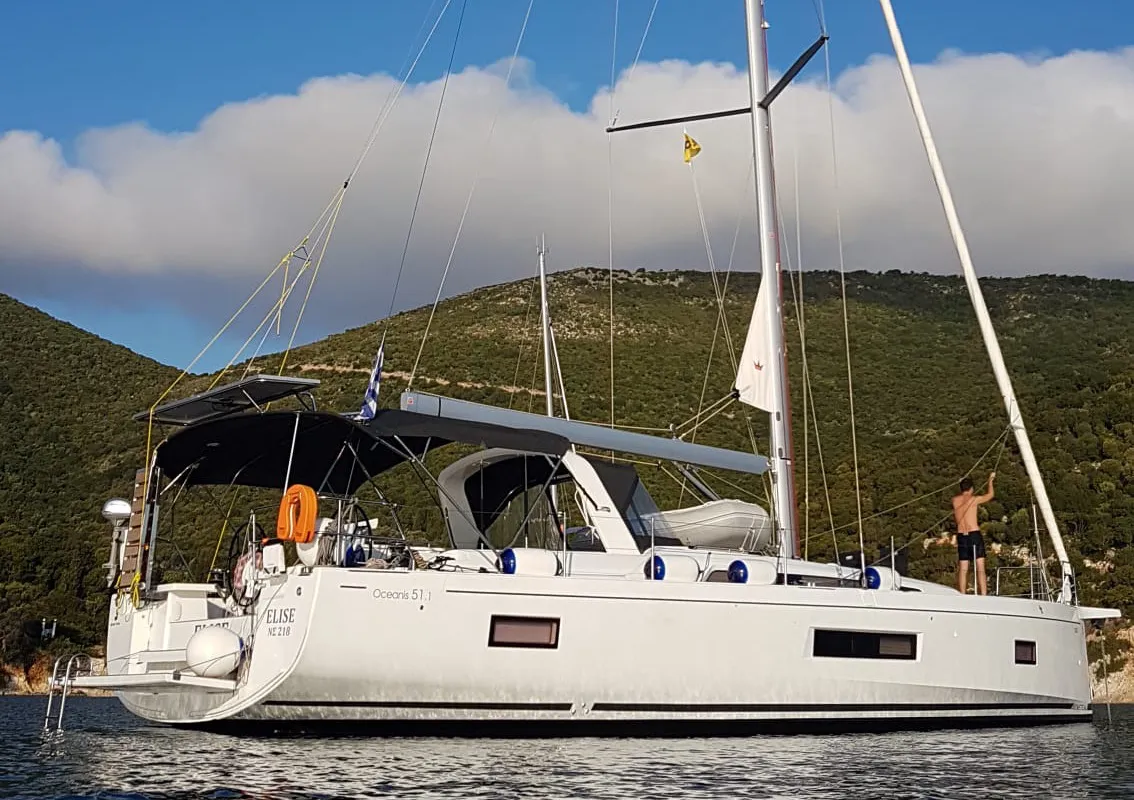 Exterior view of Elise, a Beneteau Oceanis 51.1 sailboat at Parikia, Greece