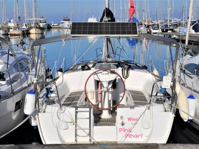 Cockpit of Pink Pearl, a Jeanneau Sun Odyssey 37 sailboat at Izola, Slovenia