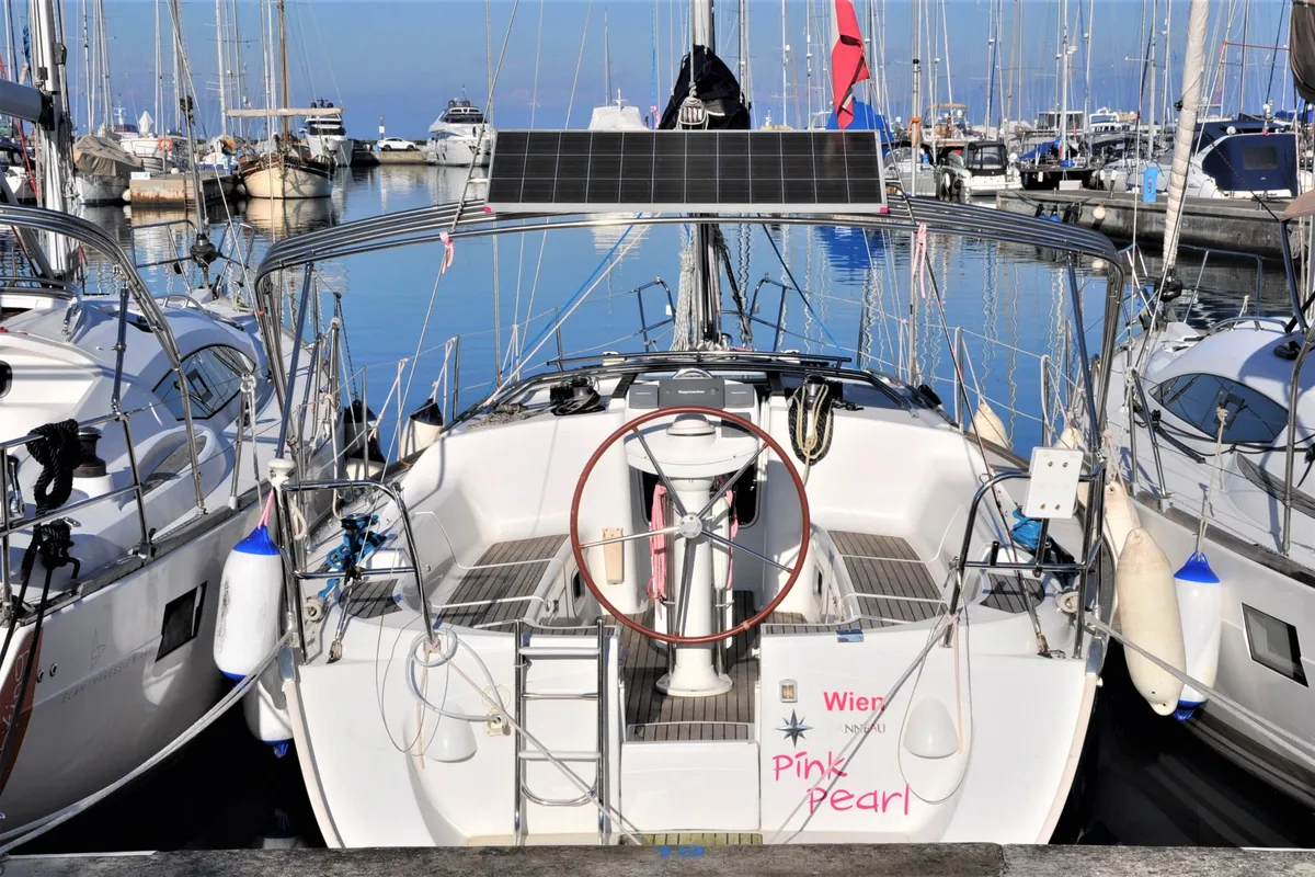 Cockpit of Pink Pearl, a Jeanneau Sun Odyssey 37 sailboat at Izola, Slovenia