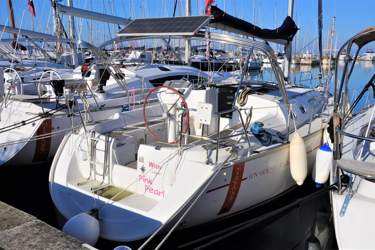 Exterior view of Pink Pearl, a Jeanneau Sun Odyssey 37 sailboat at Izola, Slovenia