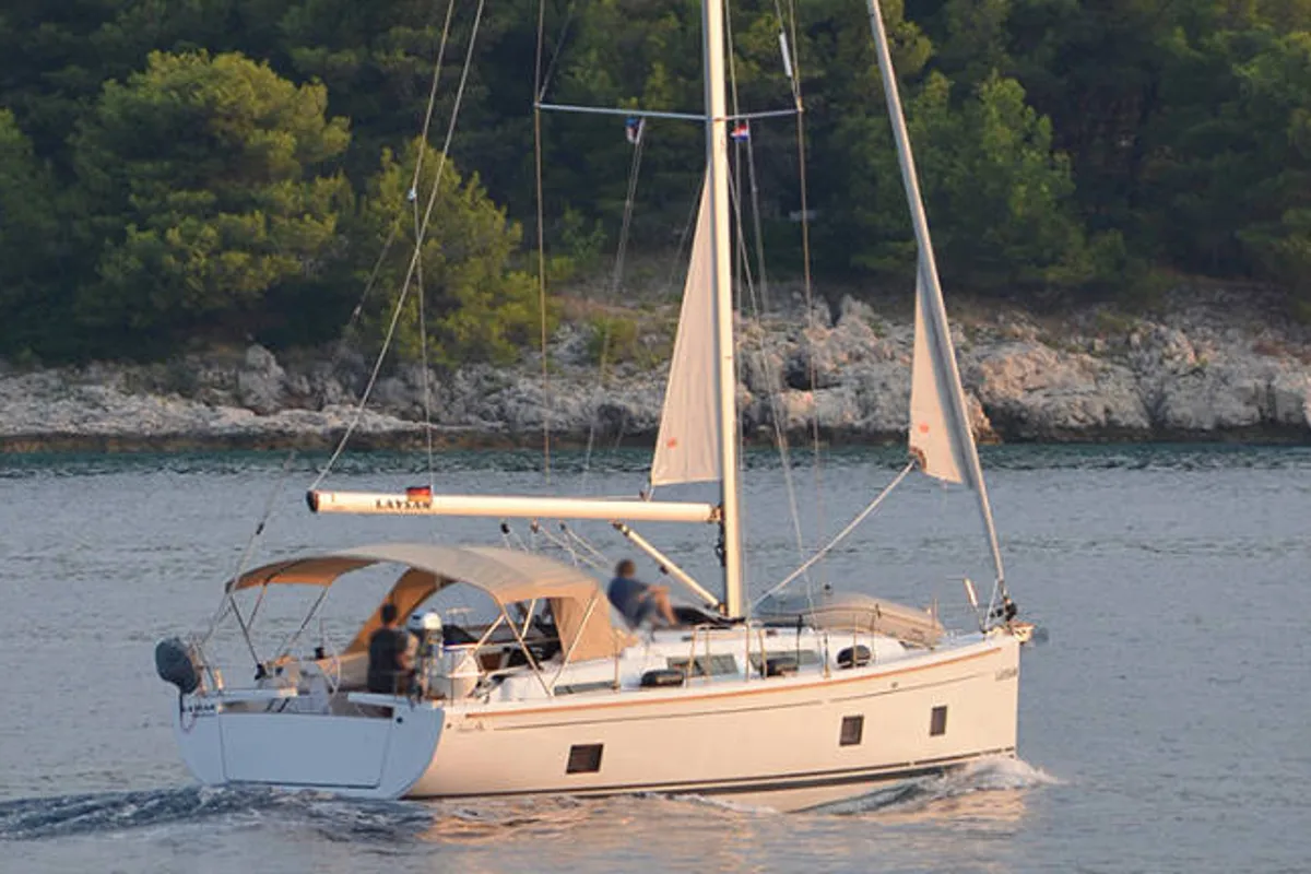 Exterior view of Laysan, a Hanse 418 sailboat at Općina Rogoznica, Croatia
