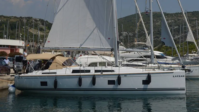 Exterior view of Laysan, a Hanse 418 sailboat at Općina Rogoznica, Croatia