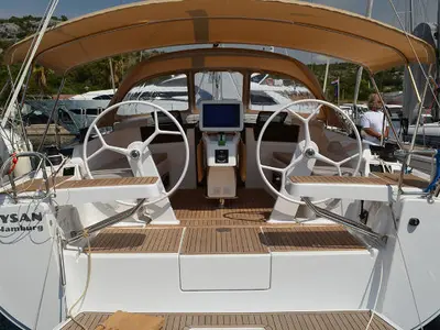 Cockpit of Laysan, a Hanse 418 sailboat at Općina Rogoznica, Croatia