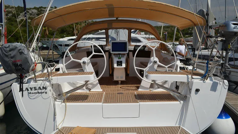 Cockpit of Laysan, a Hanse 418 sailboat at Općina Rogoznica, Croatia