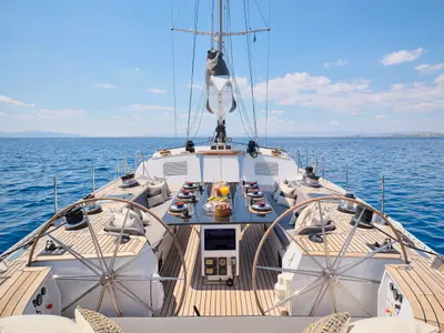 Cockpit of AIZU, a Gulet Sail boat sailboat at Athens, Greece