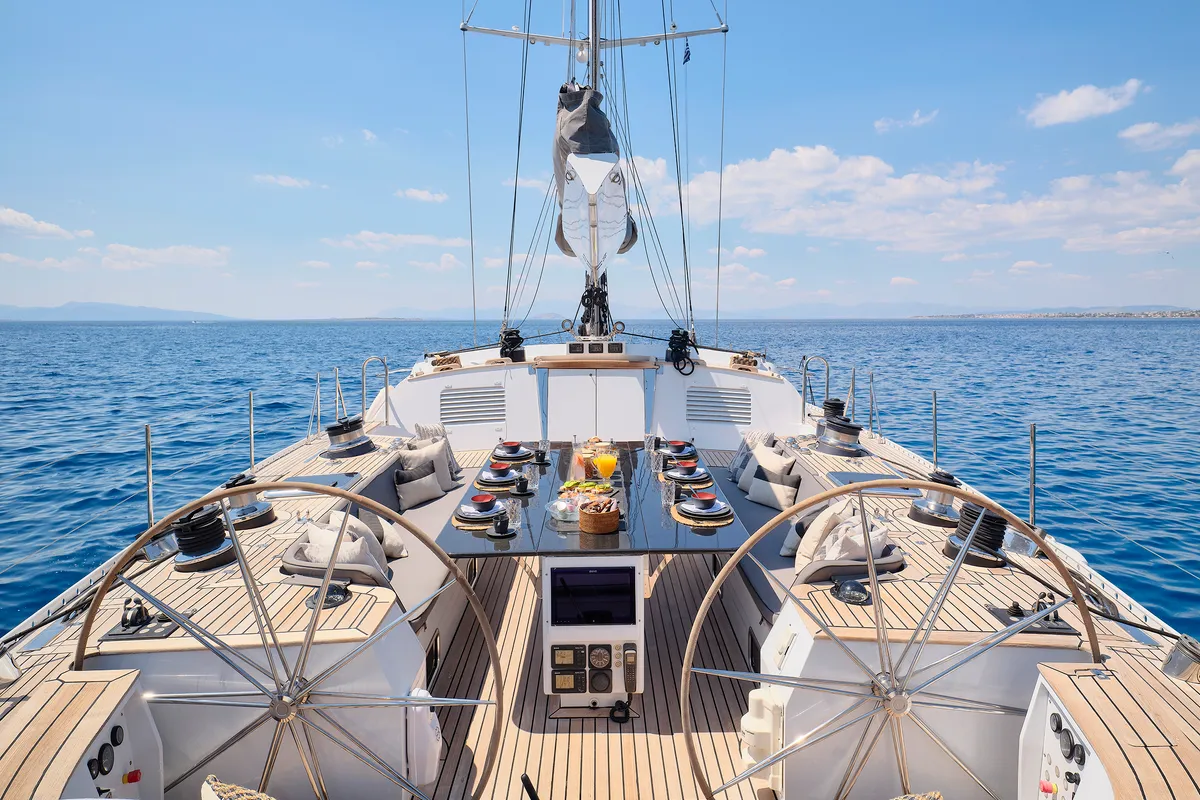 Cockpit of AIZU, a Gulet Sail boat sailboat at Athens, Greece