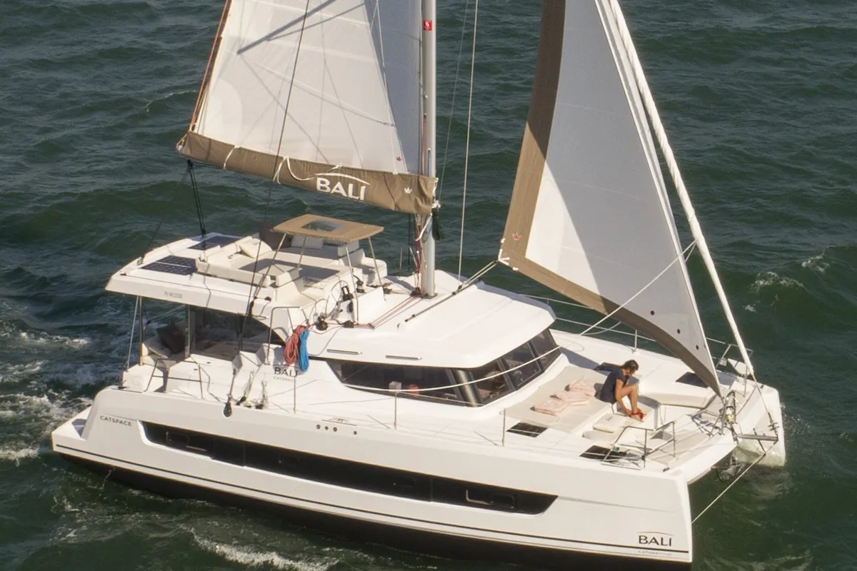 Exterior view of Hélios II, a Bali Catspace catamaran at Saint-Mandrier-sur-Mer, France