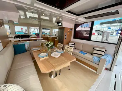 Salon of Hélios II, a Bali Catspace catamaran at Saint-Mandrier-sur-Mer, France
