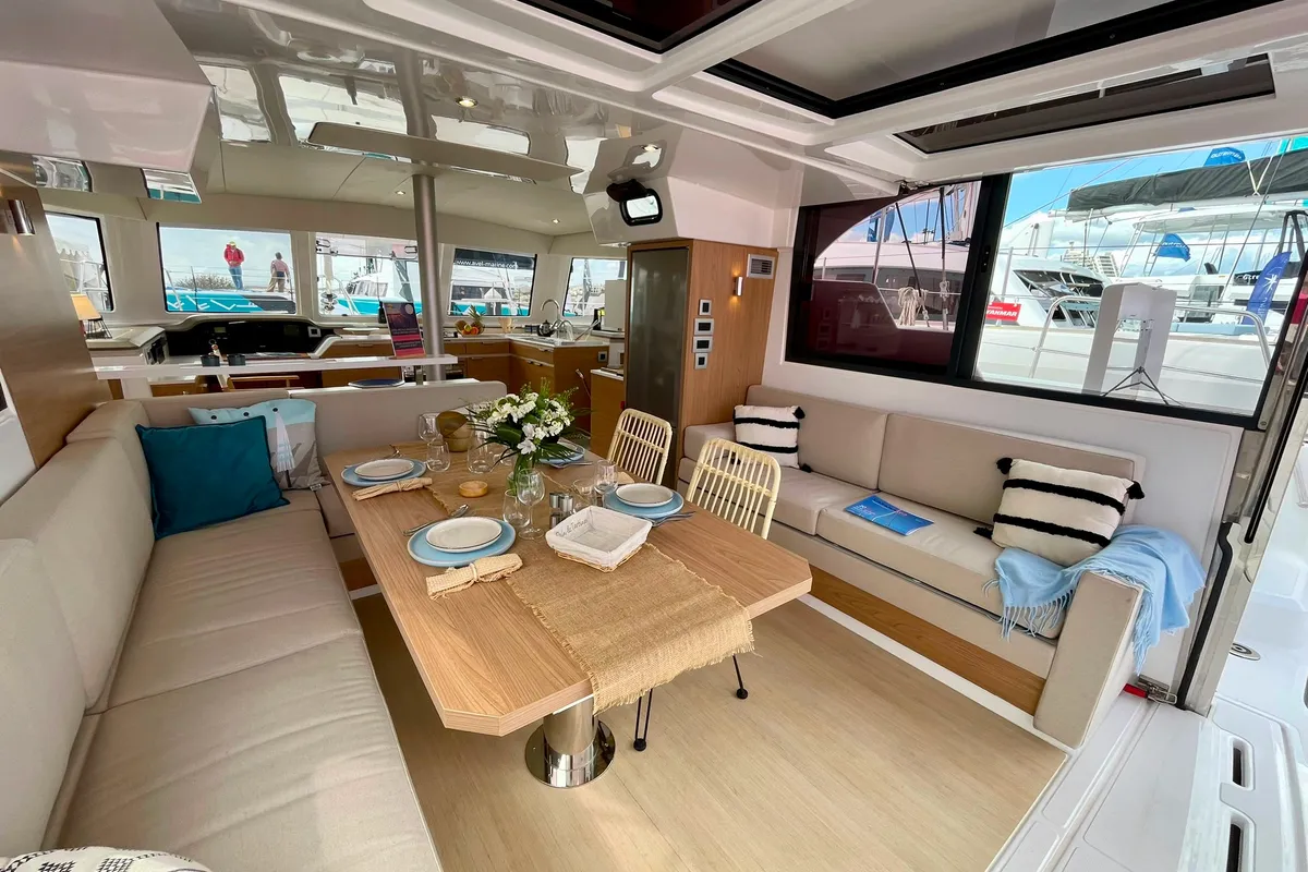 Salon of Hélios II, a Bali Catspace catamaran at Saint-Mandrier-sur-Mer, France