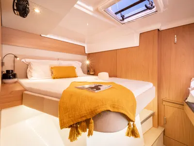 Cabin on Hélios II, a Bali Catspace catamaran at Saint-Mandrier-sur-Mer, France