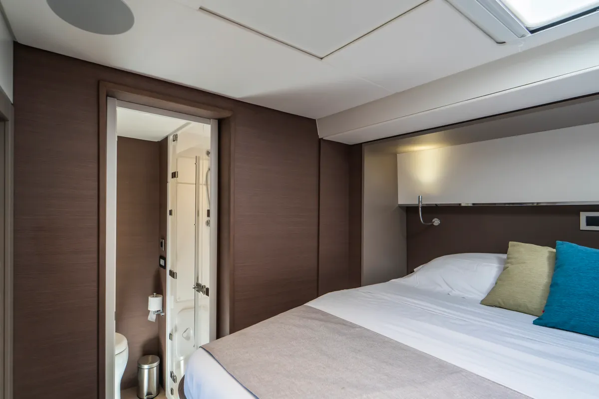 Cabin on Elena, a Bali 5.4 catamaran at Capo d'Orlando, Italy
