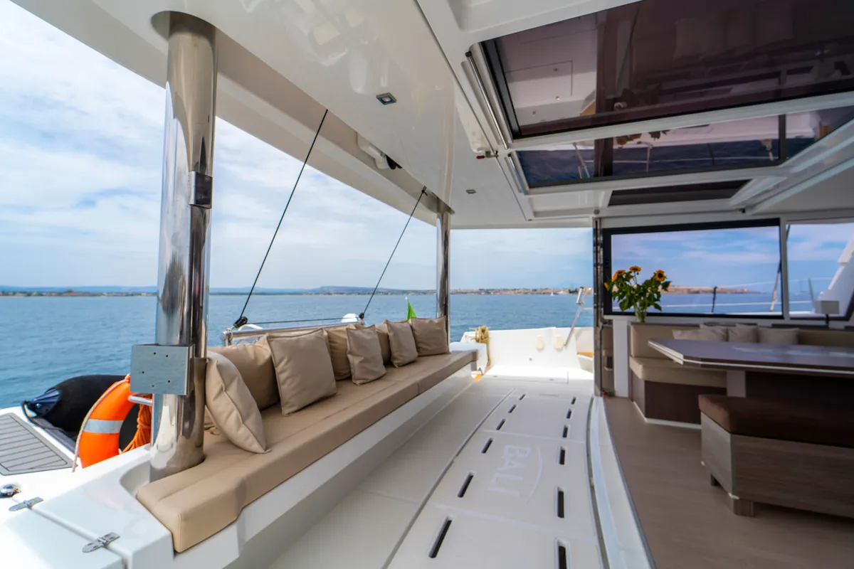 Deck of Elena, a Bali 5.4 catamaran at Capo d'Orlando, Italy