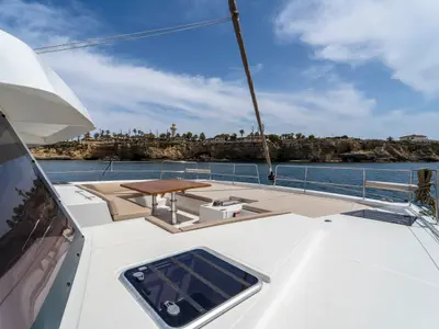 Deck of Elena, a Bali 5.4 catamaran at Capo d'Orlando, Italy
