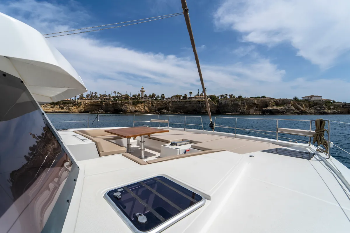 Deck of Elena, a Bali 5.4 catamaran at Capo d'Orlando, Italy