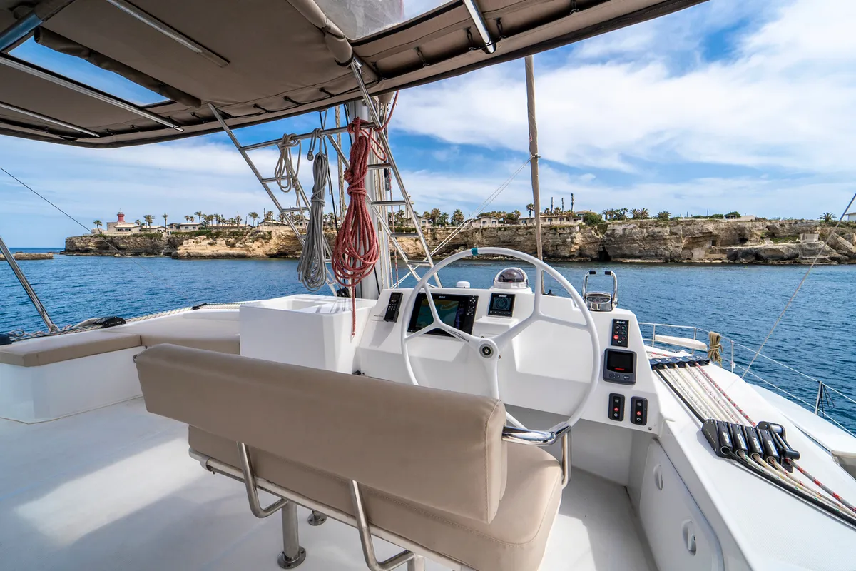 Cockpit of Elena, a Bali 5.4 catamaran at Capo d'Orlando, Italy