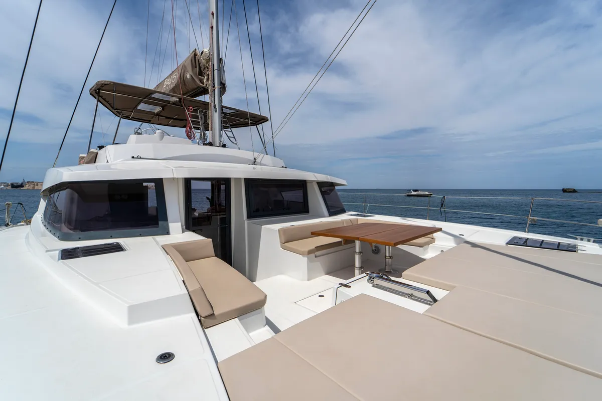 Deck of Elena, a Bali 5.4 catamaran at Capo d'Orlando, Italy