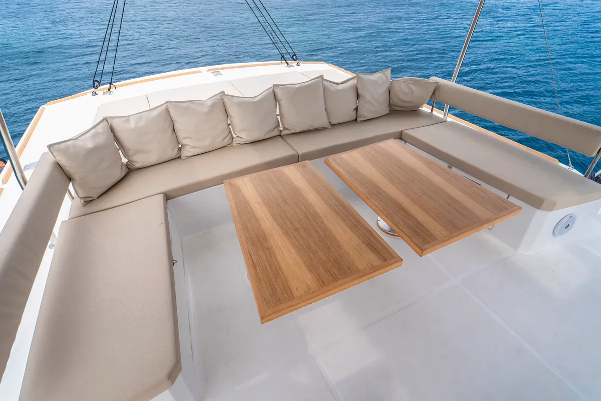 Deck of Elena, a Bali 5.4 catamaran at Capo d'Orlando, Italy