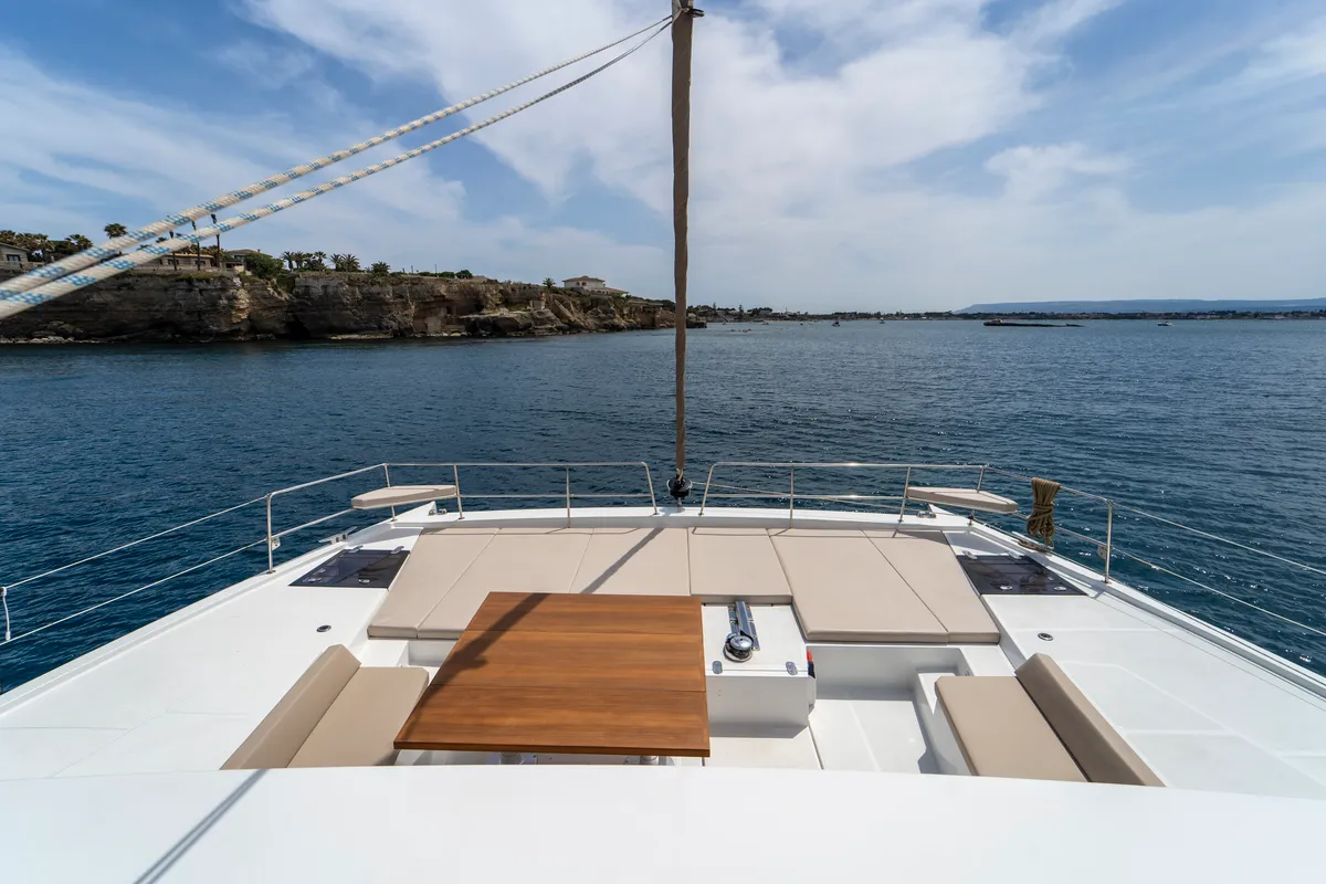 Deck of Elena, a Bali 5.4 catamaran at Capo d'Orlando, Italy