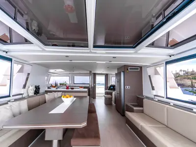 Salon of Elena, a Bali 5.4 catamaran at Capo d'Orlando, Italy
