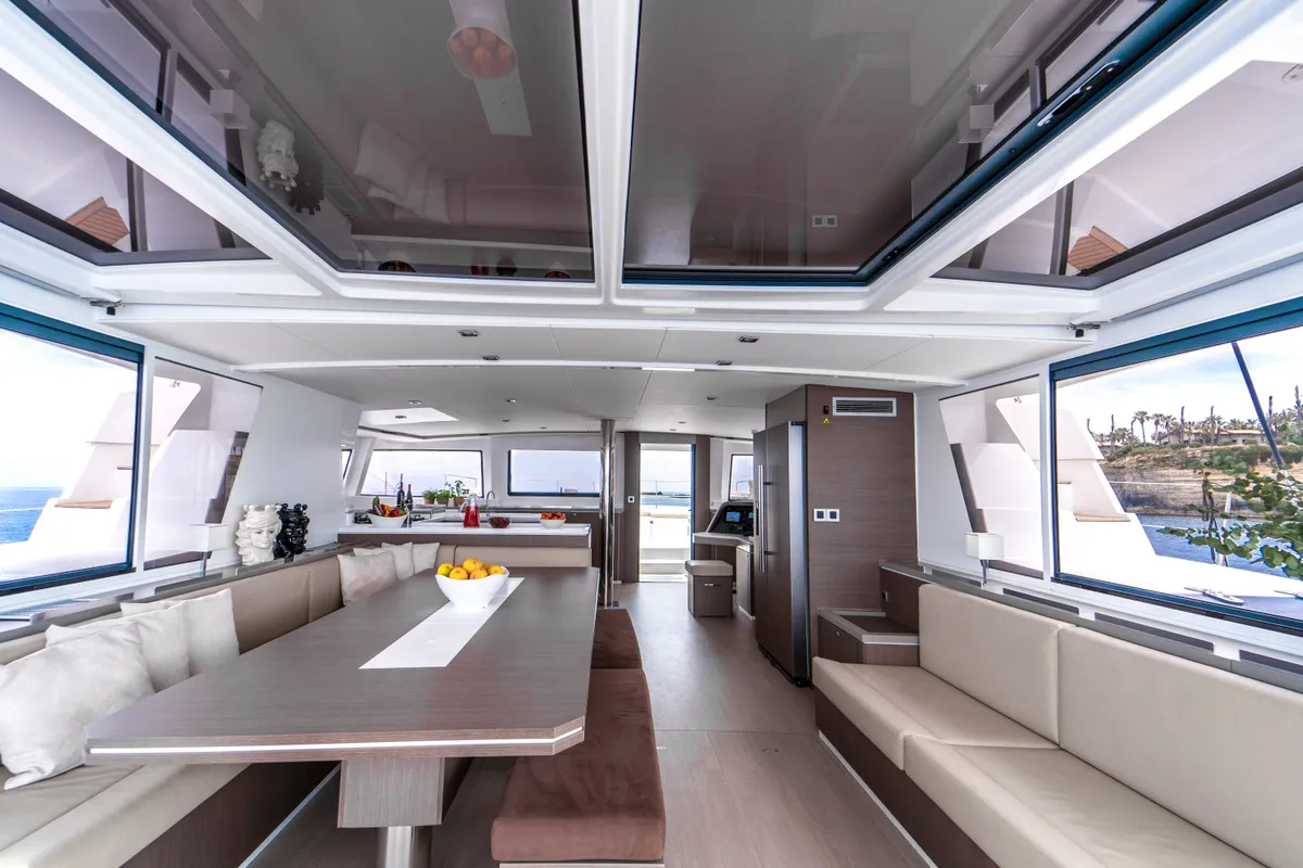 Salon of Elena, a Bali 5.4 catamaran at Capo d'Orlando, Italy