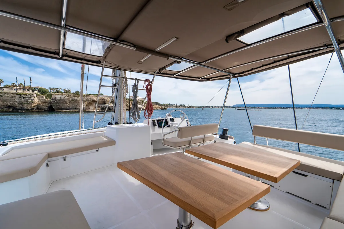 Cockpit of Elena, a Bali 5.4 catamaran at Capo d'Orlando, Italy