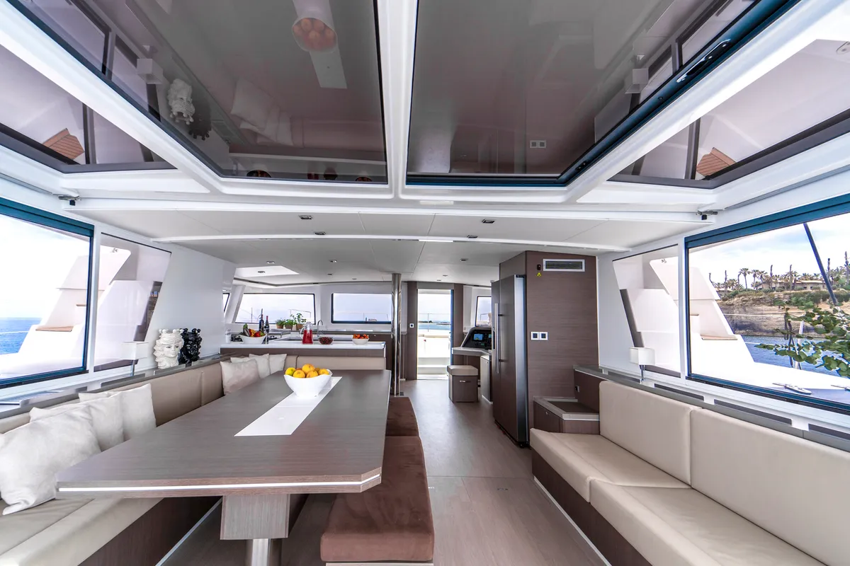 Salon of Elena, a Bali 5.4 catamaran at Capo d'Orlando, Italy