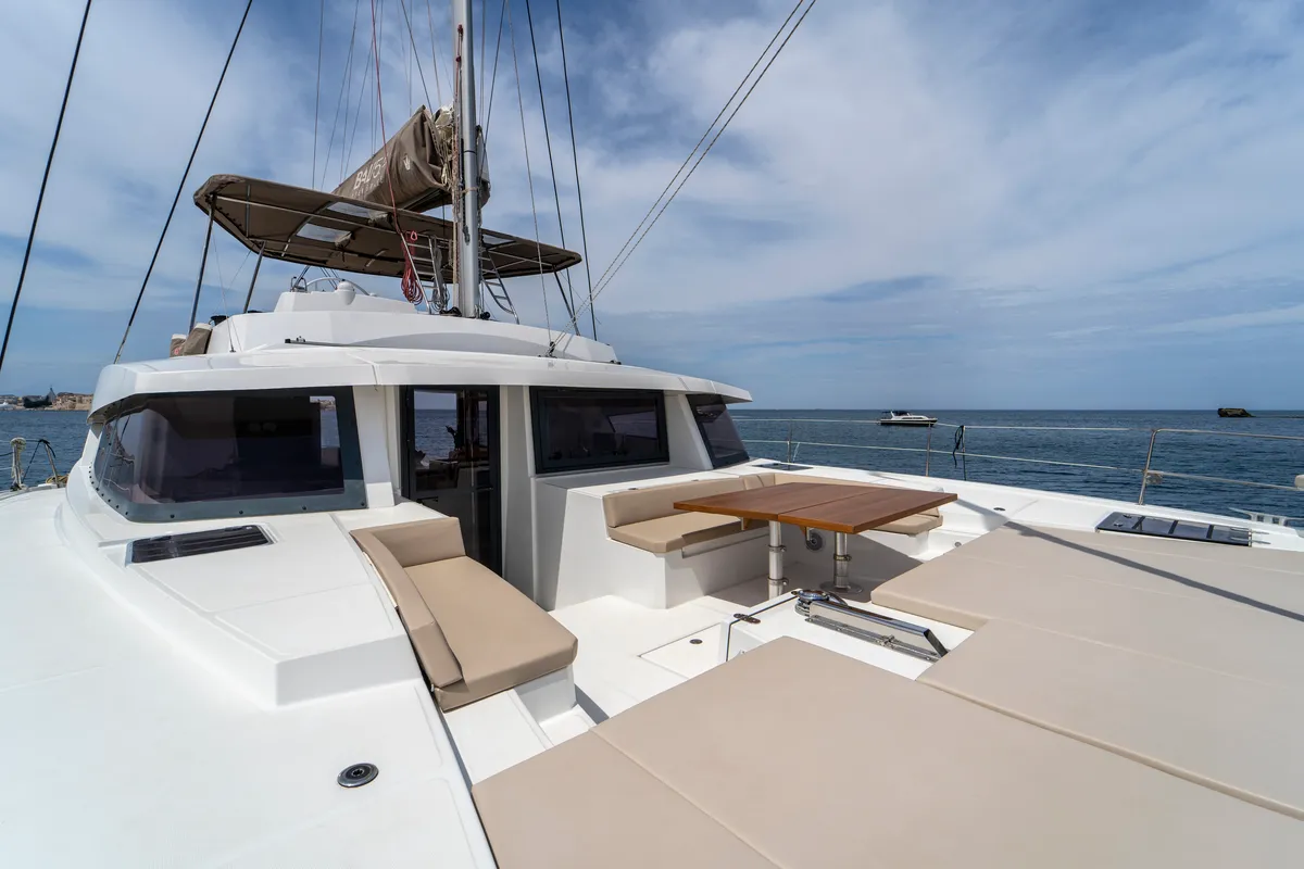 Deck of Elena, a Bali 5.4 catamaran at Capo d'Orlando, Italy