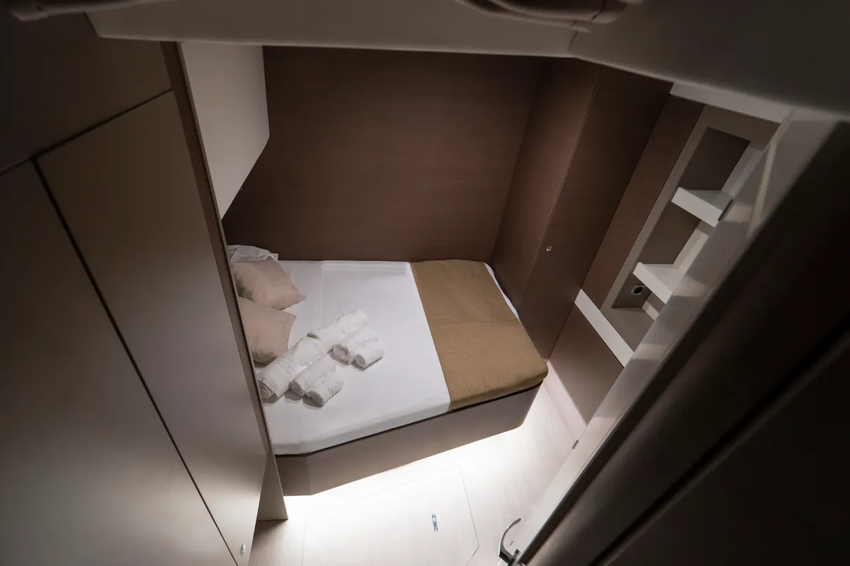 Cabin on Elena, a Bali 5.4 catamaran at Capo d'Orlando, Italy
