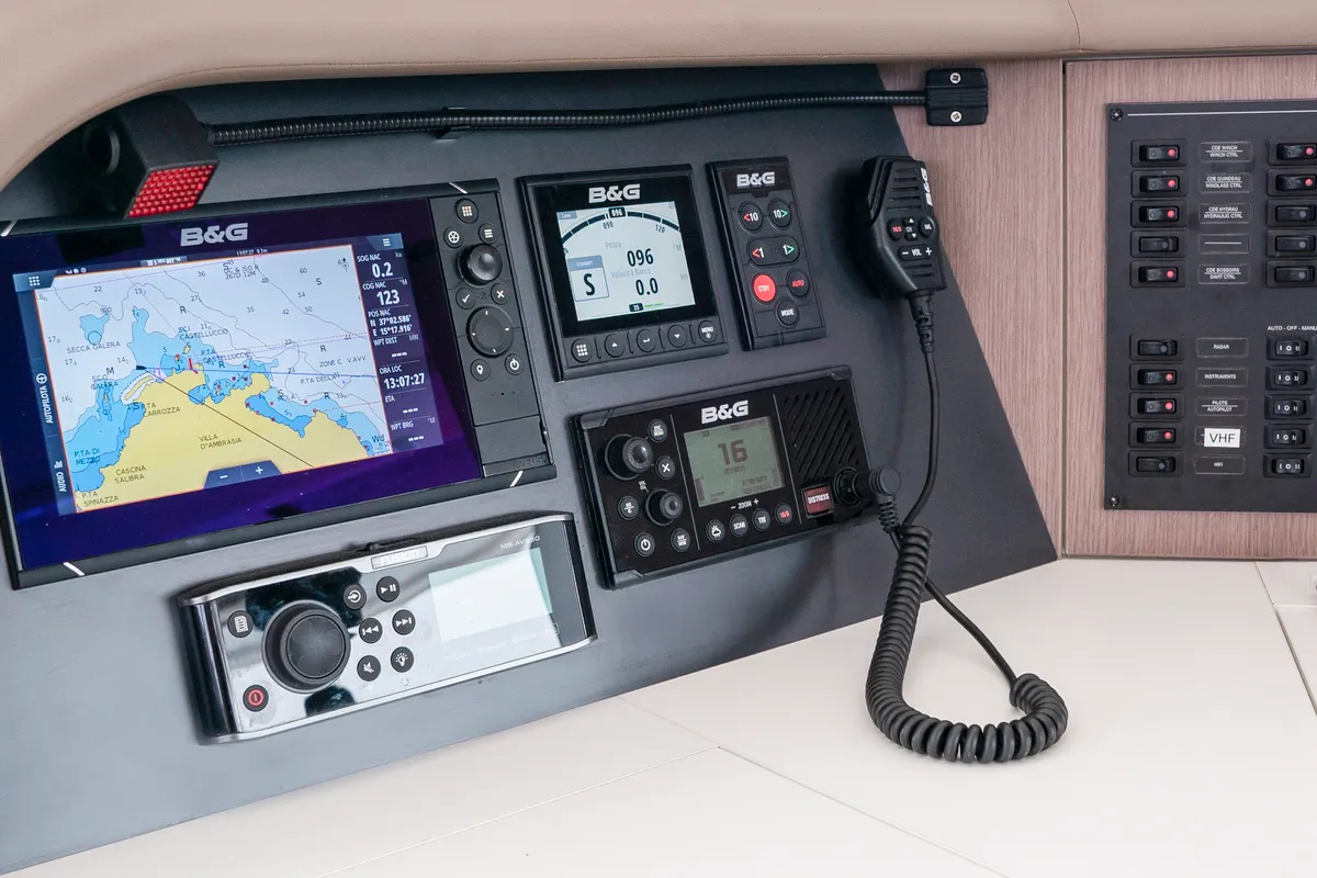 Cockpit of Elena, a Bali 5.4 catamaran at Capo d'Orlando, Italy