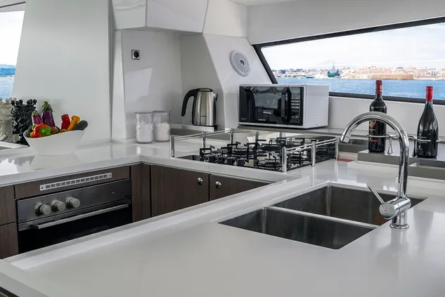 Galley of Elena, a Bali 5.4 catamaran at Capo d'Orlando, Italy
