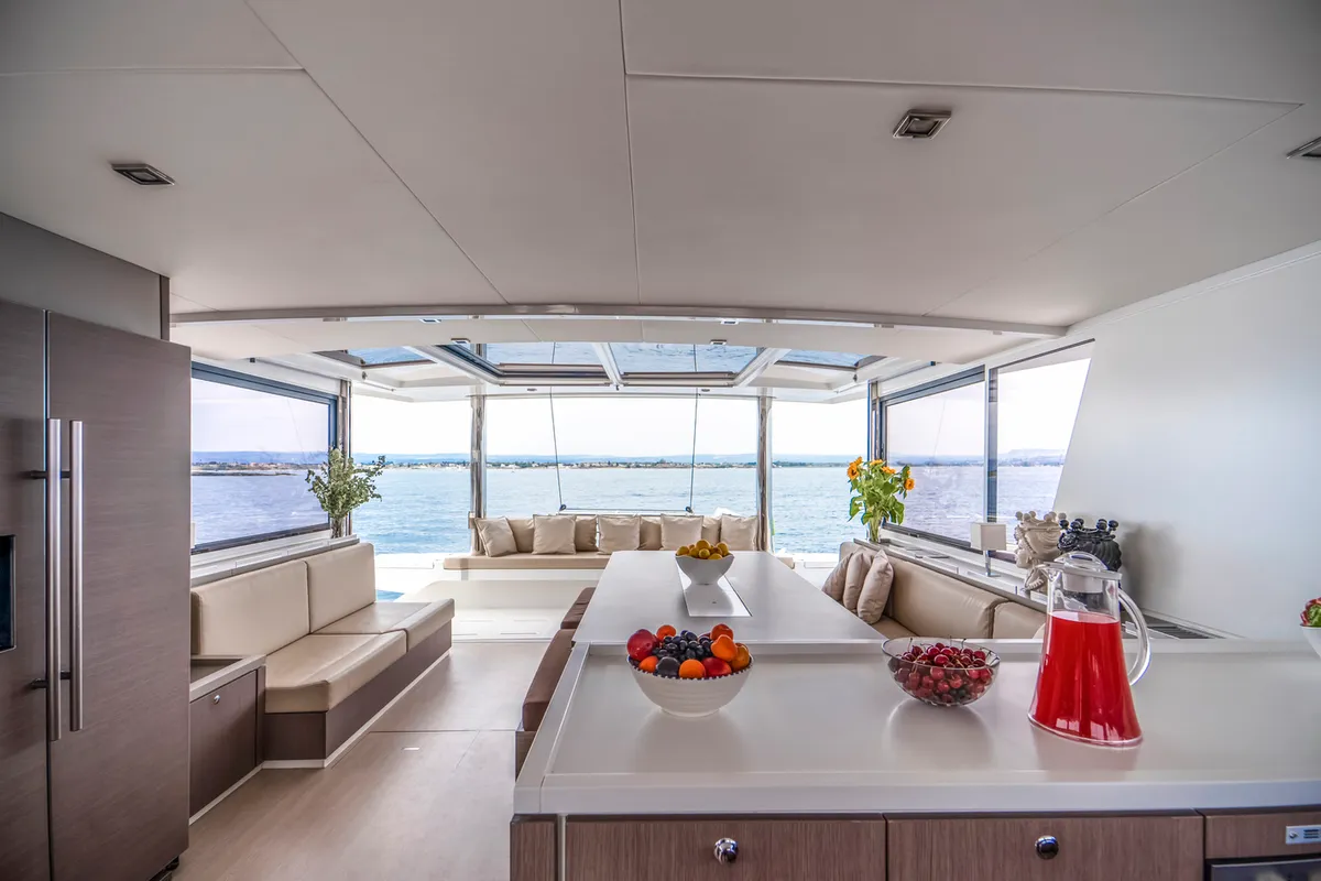 Salon of Elena, a Bali 5.4 catamaran at Capo d'Orlando, Italy