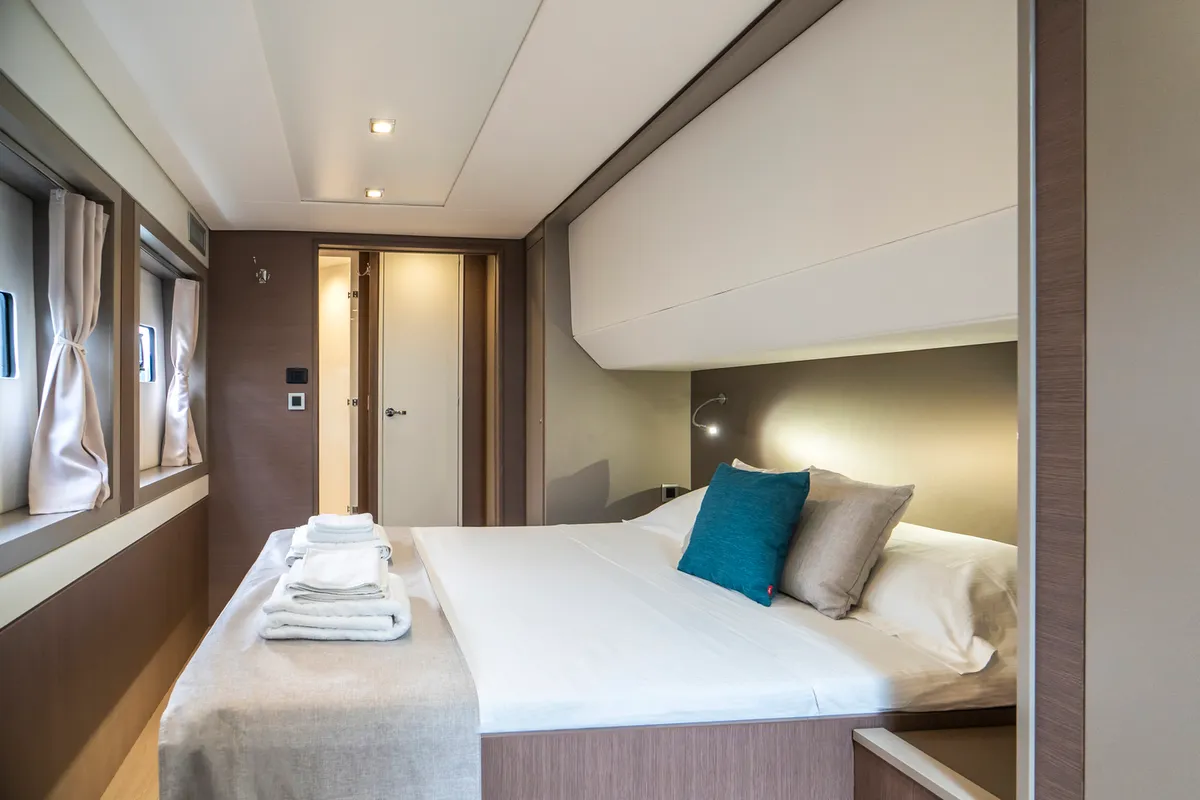 Cabin on Elena, a Bali 5.4 catamaran at Capo d'Orlando, Italy