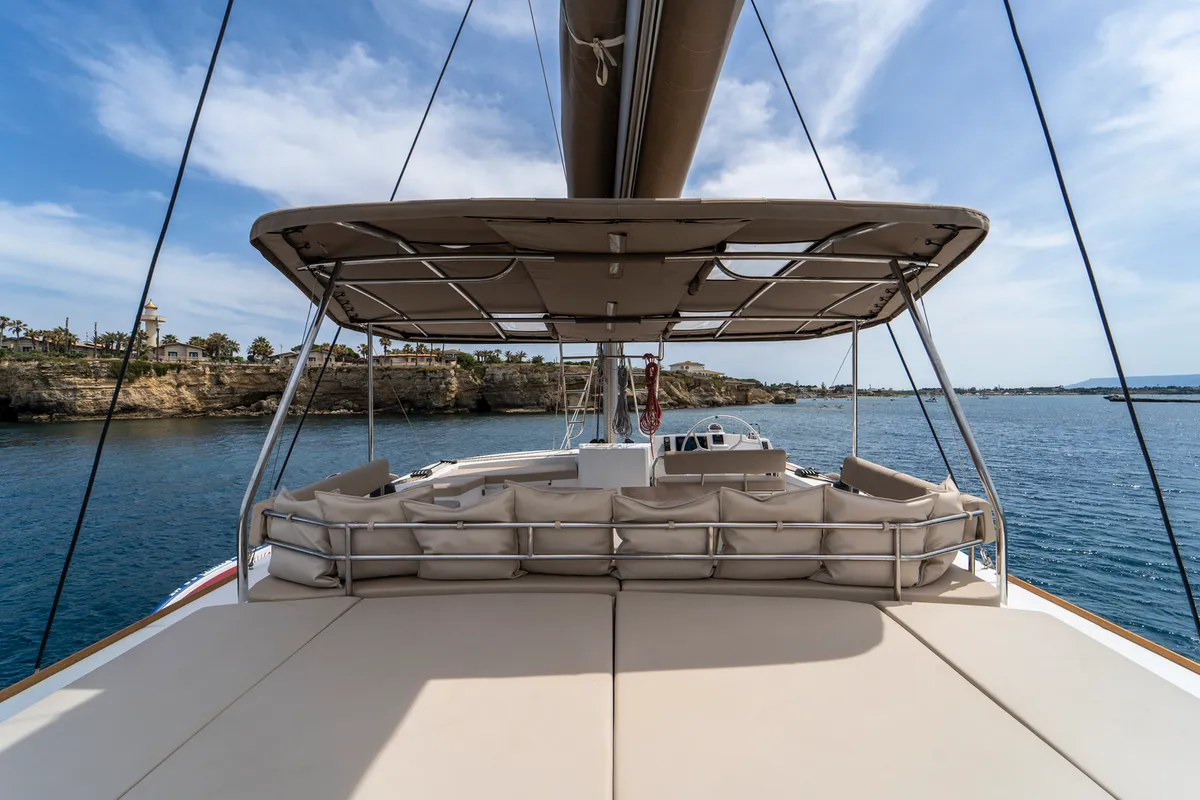 Deck of Elena, a Bali 5.4 catamaran at Capo d'Orlando, Italy