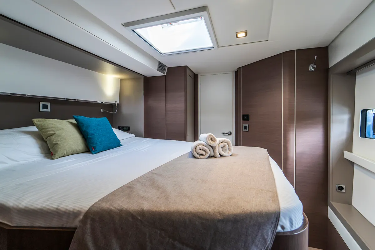 Cabin on Elena, a Bali 5.4 catamaran at Capo d'Orlando, Italy