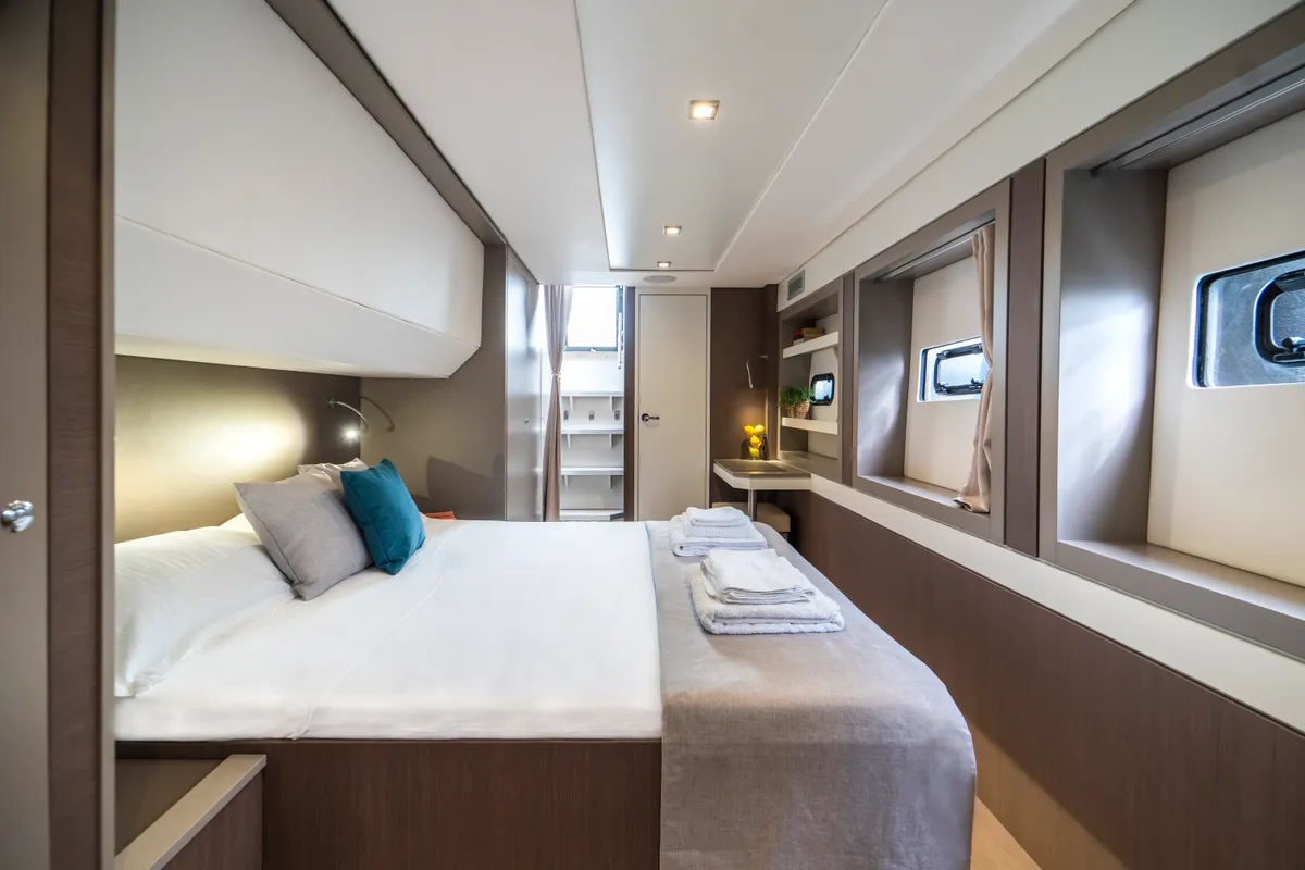 Cabin on Elena, a Bali 5.4 catamaran at Capo d'Orlando, Italy