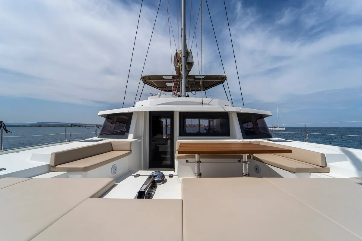Deck of Elena, a Bali 5.4 catamaran at Capo d'Orlando, Italy