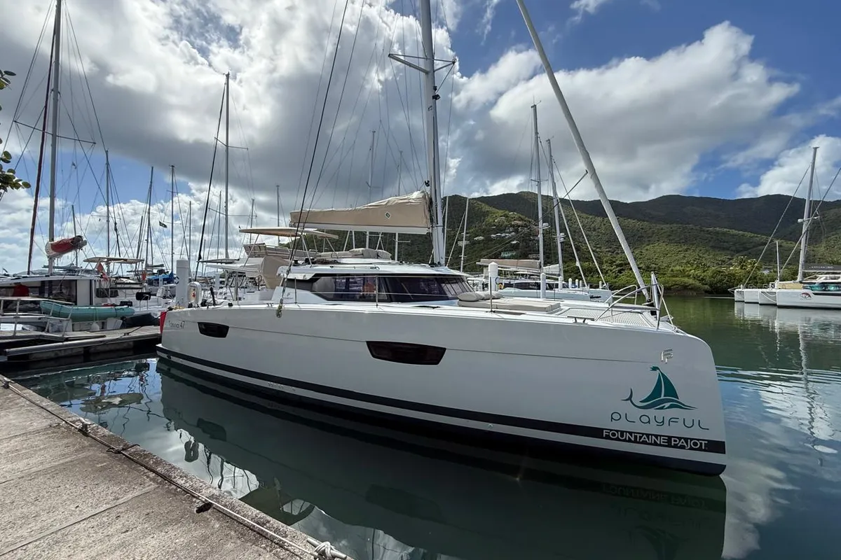 Playful, a Fountaine Pajot Tanna 47 Maestro catamaran at Road Town, British Virgin Islands