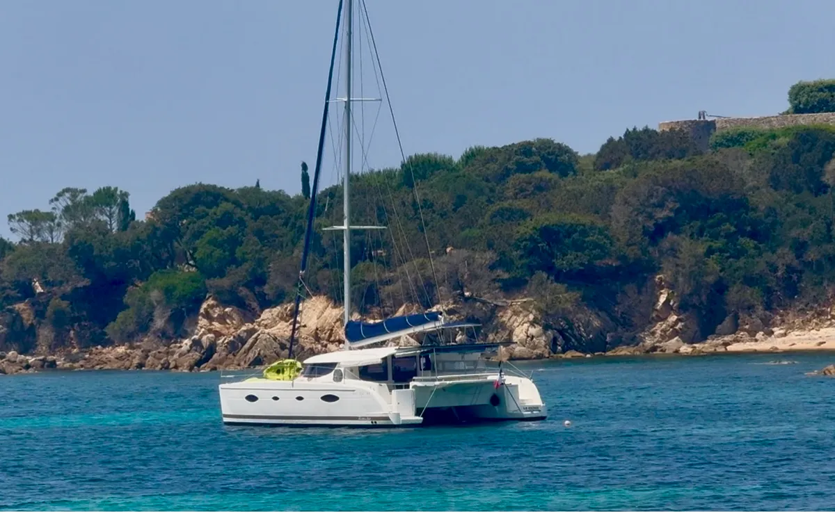 Exterior view of Shamane, a Fountaine Pajot Salina 48 catamaran at Porto-Vecchio, France