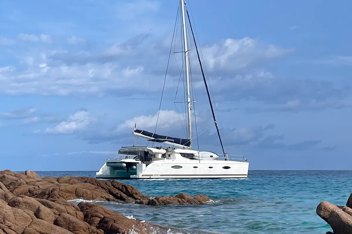 Exterior view of Shamane, a Fountaine Pajot Salina 48 catamaran at Porto-Vecchio, France