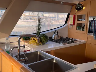 Galley of Shamane, a Fountaine Pajot Salina 48 catamaran at Porto-Vecchio, France