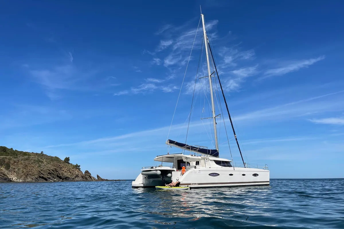Exterior view of Shamane, a Fountaine Pajot Salina 48 catamaran at Porto-Vecchio, France